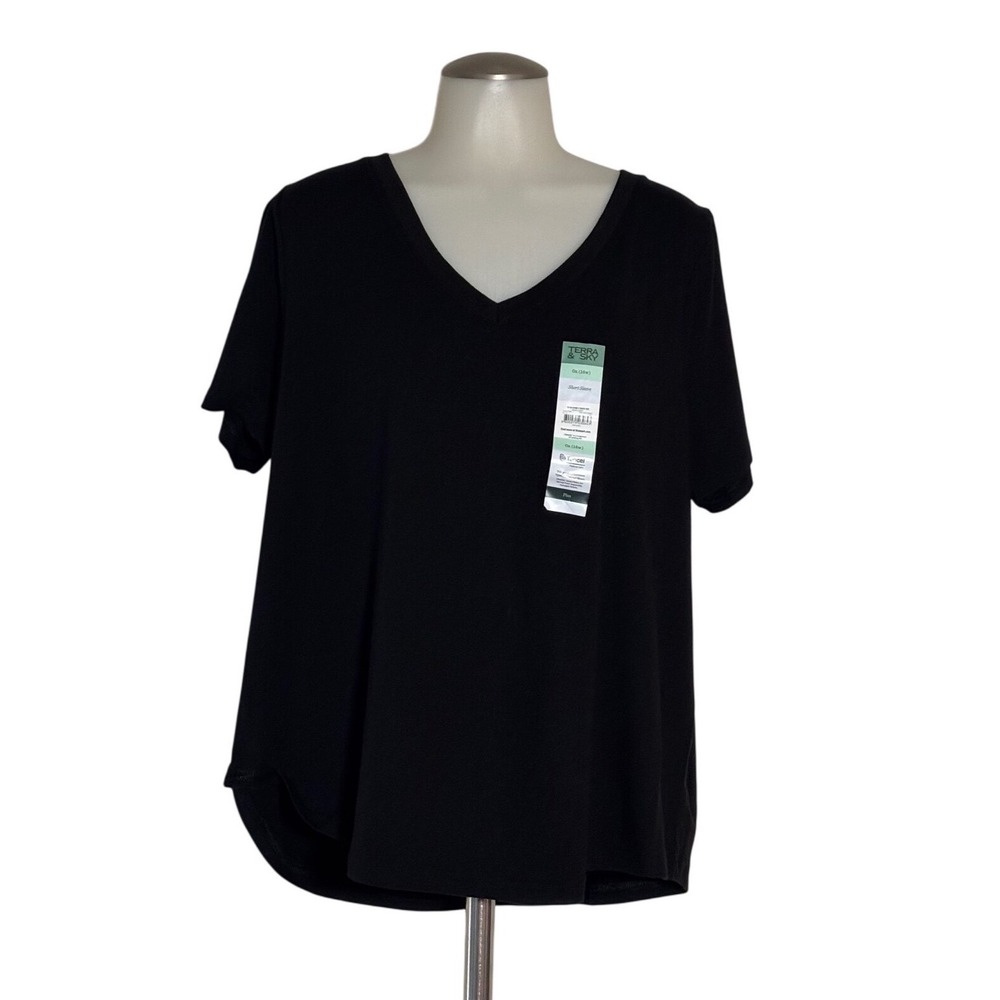 Terra & Sky V-Neck Tee Women 0X Black Soot Tencel Modal cotton blend Stretch NEW